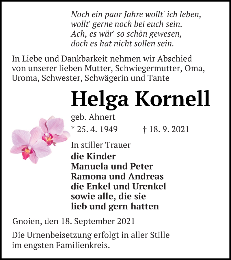  Traueranzeige für Helga Kornell vom 24.09.2021 aus Mecklenburger Schweiz