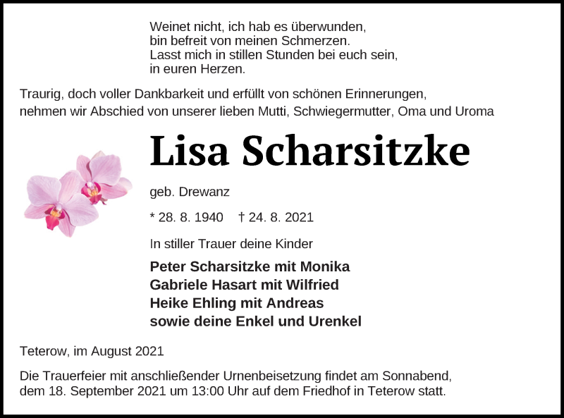 Traueranzeige für Lisa Scharsitzke vom 04.09.2021 aus Mecklenburger Schweiz