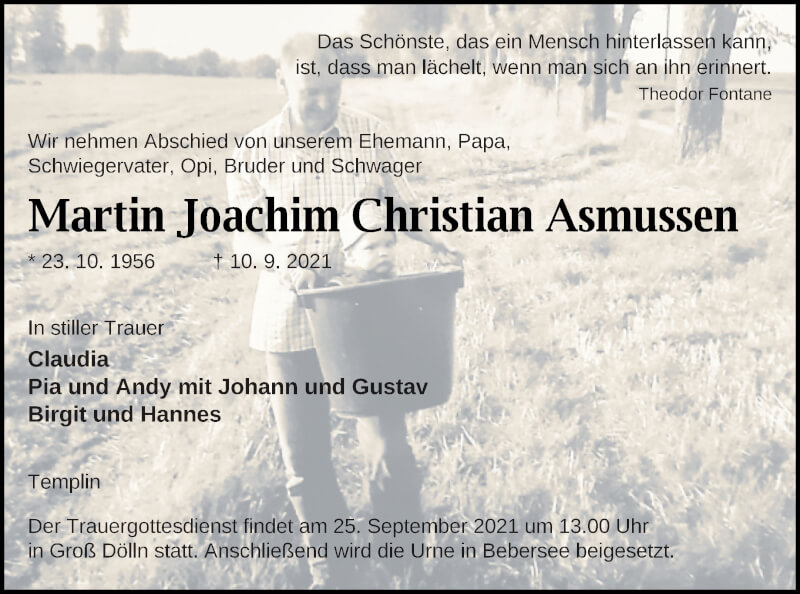  Traueranzeige für Martin Joachim Christian Asmussen vom 17.09.2021 aus Templiner Zeitung