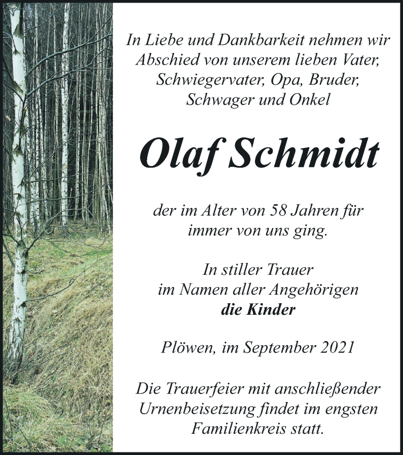  Traueranzeige für Olaf Schmidt vom 22.09.2021 aus Pasewalker Zeitung