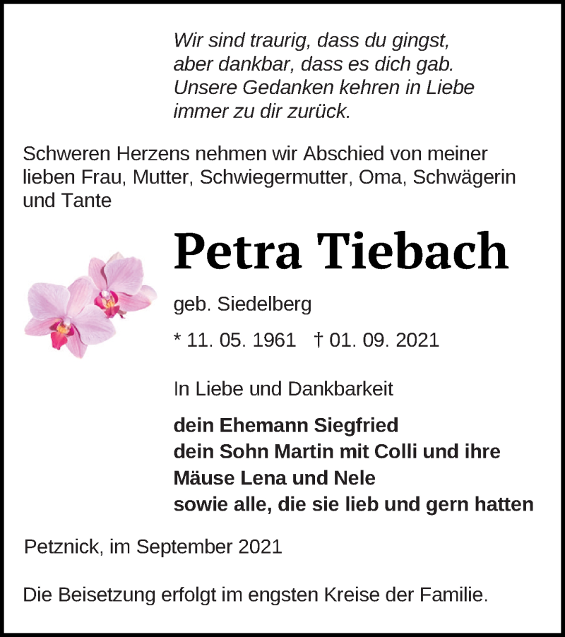  Traueranzeige für Petra Tiebach vom 03.09.2021 aus Templiner Zeitung