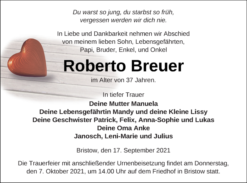  Traueranzeige für Roberto Breuer vom 24.09.2021 aus Mecklenburger Schweiz