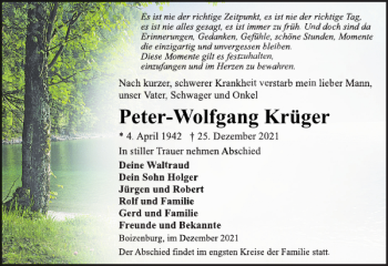 Traueranzeigen von Peter Wolfgang Krüger Trauer Nordkurier