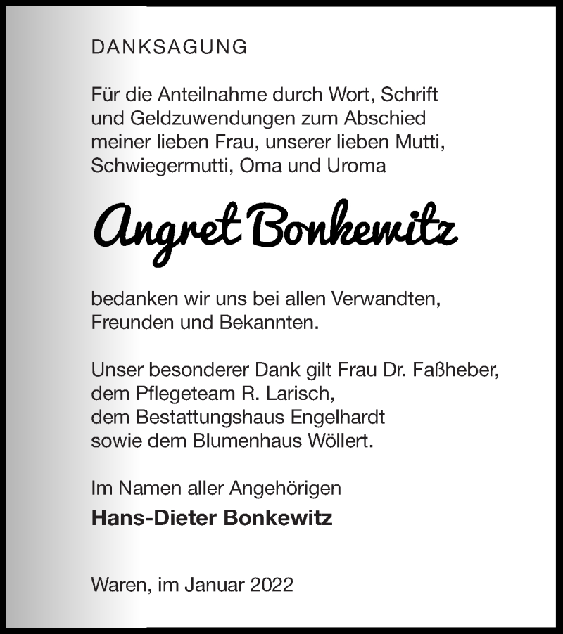  Traueranzeige für Angret Bonkewitz vom 22.01.2022 aus Müritz-Zeitung
