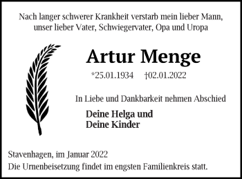 Traueranzeigen Von Artur Menge Trauer Nordkurier