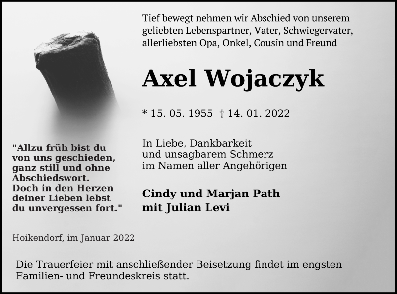  Traueranzeige für Axel Wojaczyk vom 22.01.2022 aus Neubrandenburger Zeitung