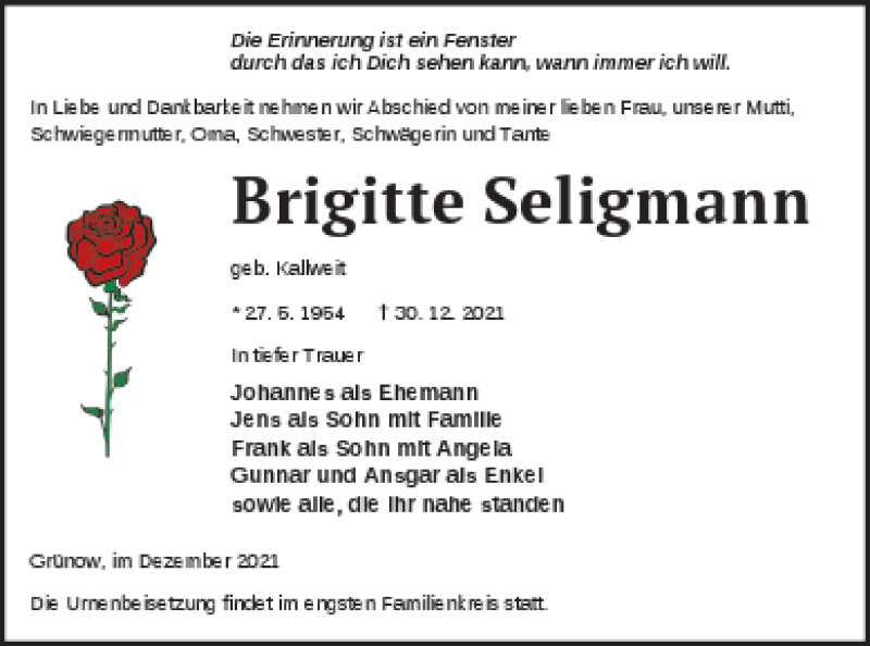  Traueranzeige für Brigitte Seligmann vom 07.01.2022 aus Prenzlauer Zeitung