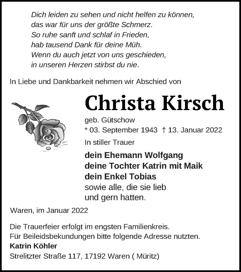  Traueranzeige für Christa Kirsch vom 21.01.2022 aus Müritz-Zeitung