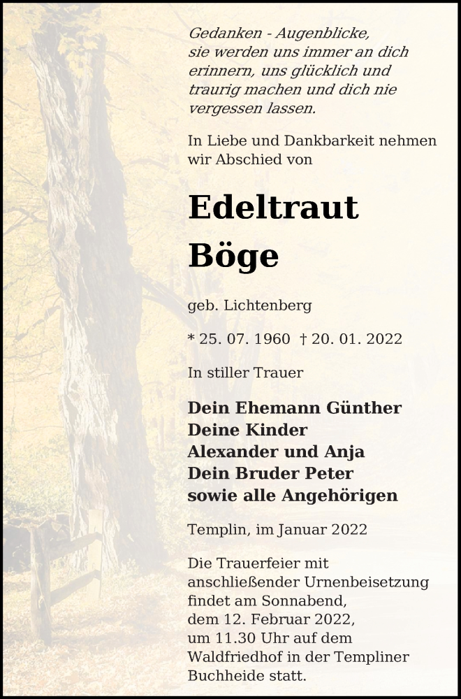  Traueranzeige für Edeltraut Böge vom 25.01.2022 aus Templiner Zeitung