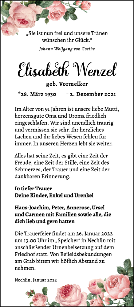  Traueranzeige für Elisabeth Wenzel vom 19.01.2022 aus Pasewalker Zeitung