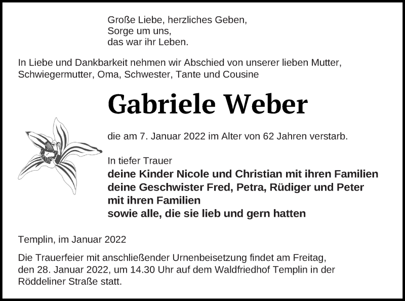  Traueranzeige für Gabriele Weber vom 14.01.2022 aus Templiner Zeitung