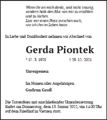 Traueranzeige von Gerda Piontek von Müritz-Zeitung