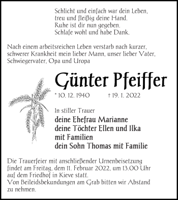Traueranzeige von Günter Pfeiffer von Müritz-Zeitung