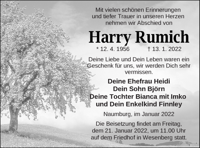  Traueranzeige für Harry Rumich vom 18.01.2022 aus Strelitzer Zeitung