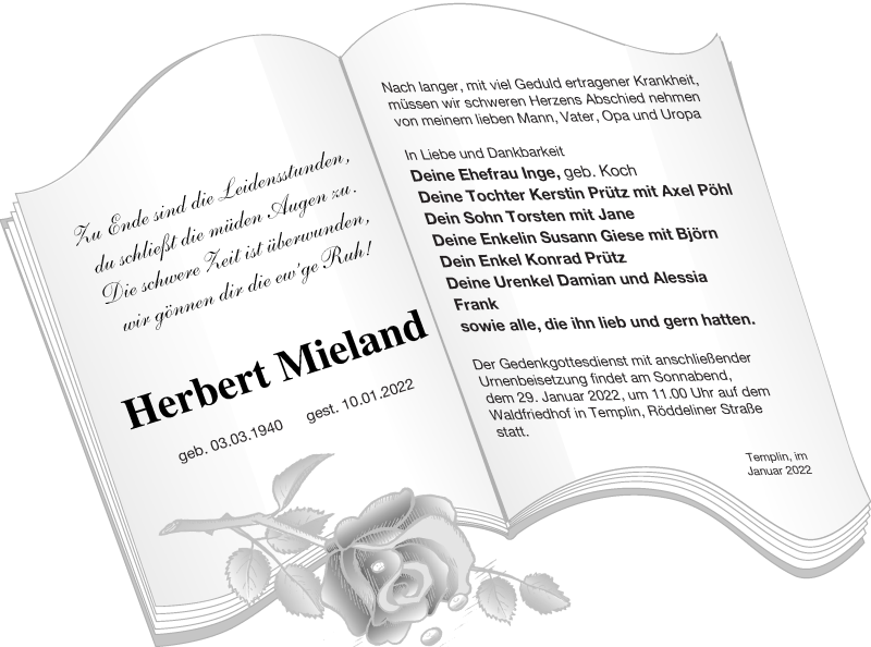  Traueranzeige für Herbert Mieland vom 18.01.2022 aus Templiner Zeitung