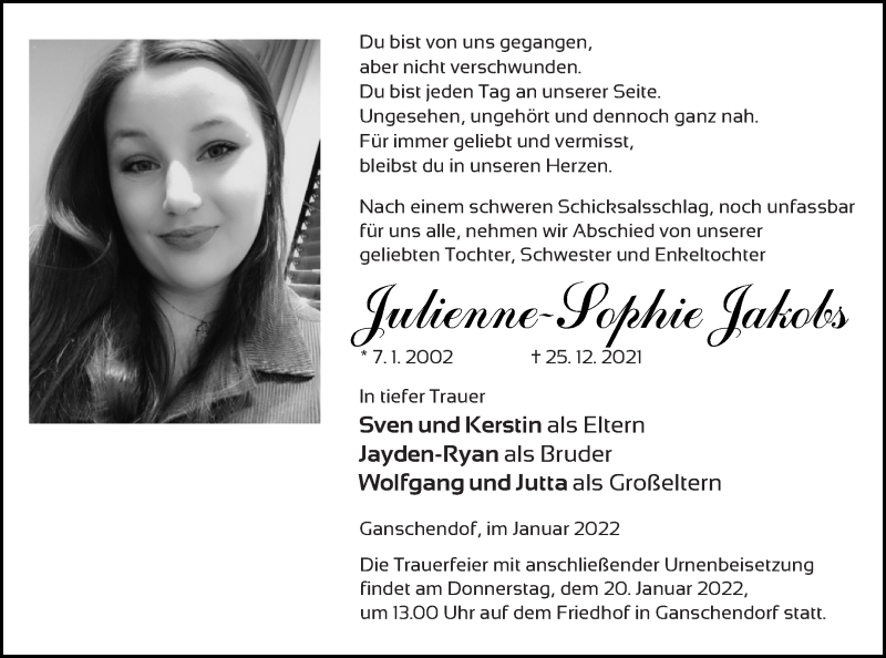  Traueranzeige für Julienne-Sophie Jakobs vom 18.01.2022 aus Demminer Zeitung