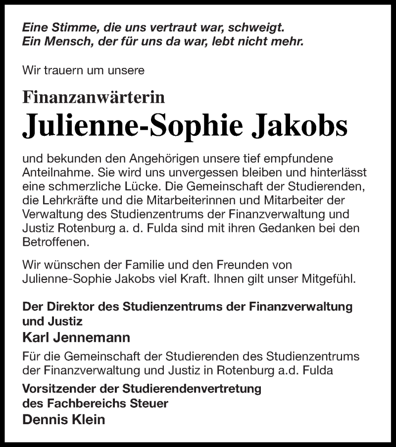  Traueranzeige für Julienne-Sophie Jakobs vom 18.01.2022 aus Demminer Zeitung