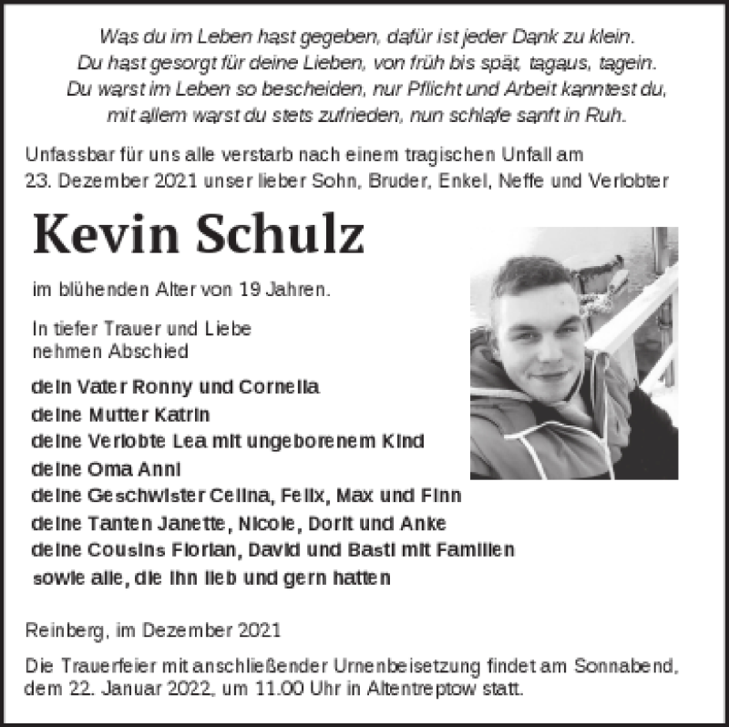  Traueranzeige für Kevin Schulz vom 07.01.2022 aus Neubrandenburger Zeitung