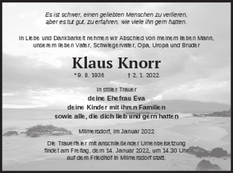  Traueranzeige für Klaus Knorr vom 05.01.2022 aus Templiner Zeitung
