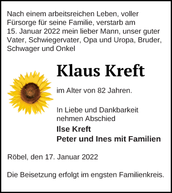 Traueranzeigen Von Klaus Kreft Trauer Nordkurier