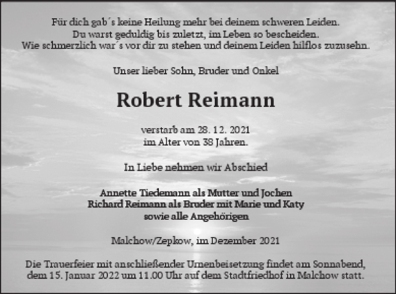  Traueranzeige für Robert Reimann vom 08.01.2022 aus Müritz-Zeitung