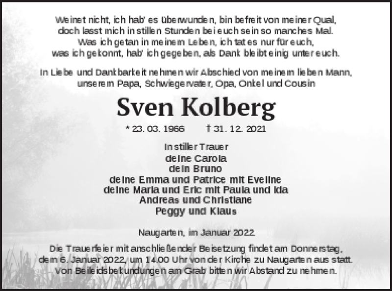  Traueranzeige für Sven Kolberg vom 04.01.2022 aus Prenzlauer Zeitung