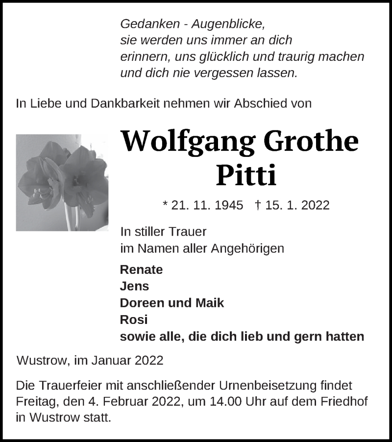  Traueranzeige für Wolfgang Grothe vom 21.01.2022 aus Strelitzer Zeitung