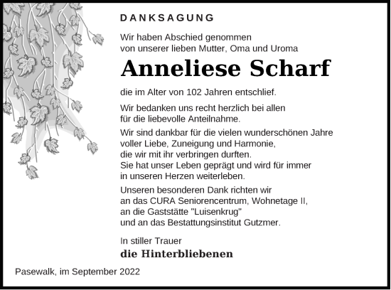 Traueranzeigen Von Anneliese Scharf Trauer Nordkurier