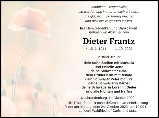 Traueranzeigen Von Dieter Frantz | Trauer Nordkurier