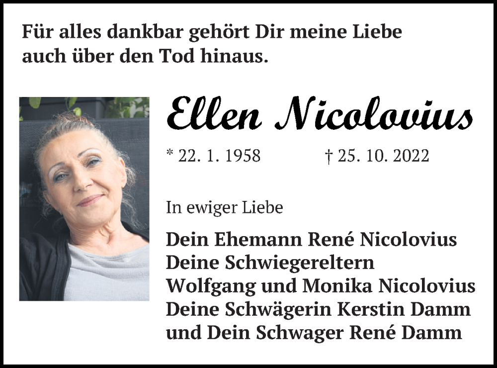  Traueranzeige für Ellen Nicolovius vom 28.10.2022 aus Müritz-Zeitung