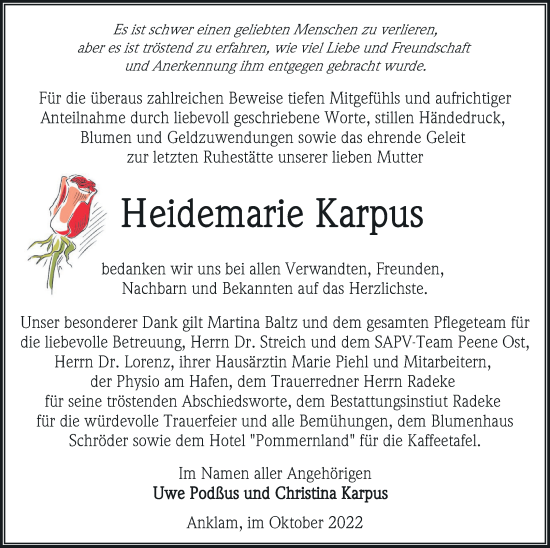 Traueranzeigen Von Heidemarie Karpus Trauer Nordkurier