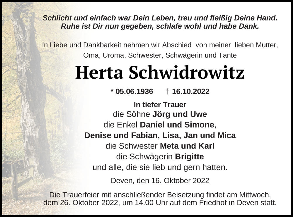 Traueranzeigen Von Herta Schwidrowitz Trauer Nordkurier