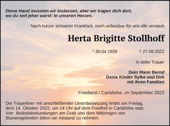 Traueranzeigen Von Herta Brigitte Stollhoff Trauer Nordkurier