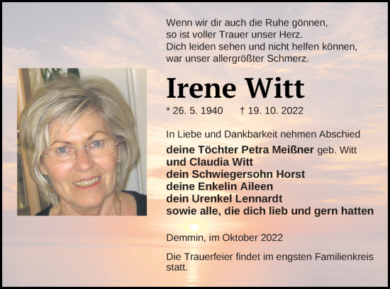 Traueranzeigen Von Irene Witt | Trauer Nordkurier