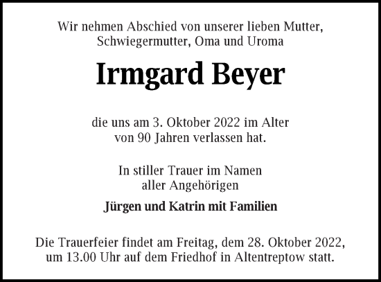 Traueranzeigen Von Irmgard Beyer Trauer Nordkurier