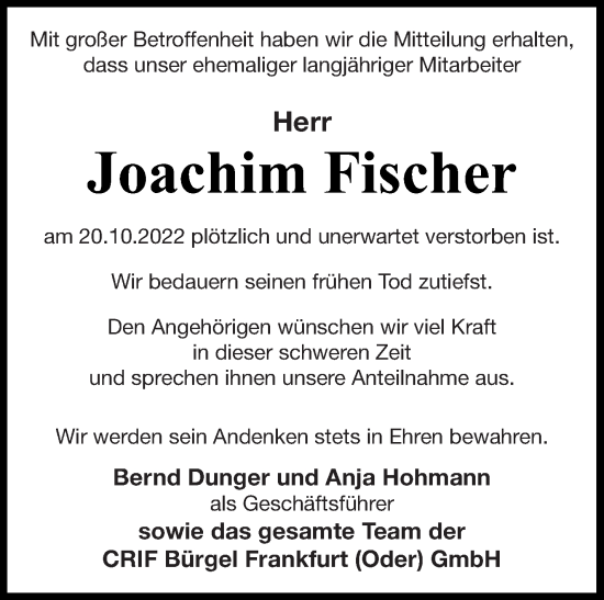 Traueranzeigen Von Joachim Fischer Trauer Nordkurier