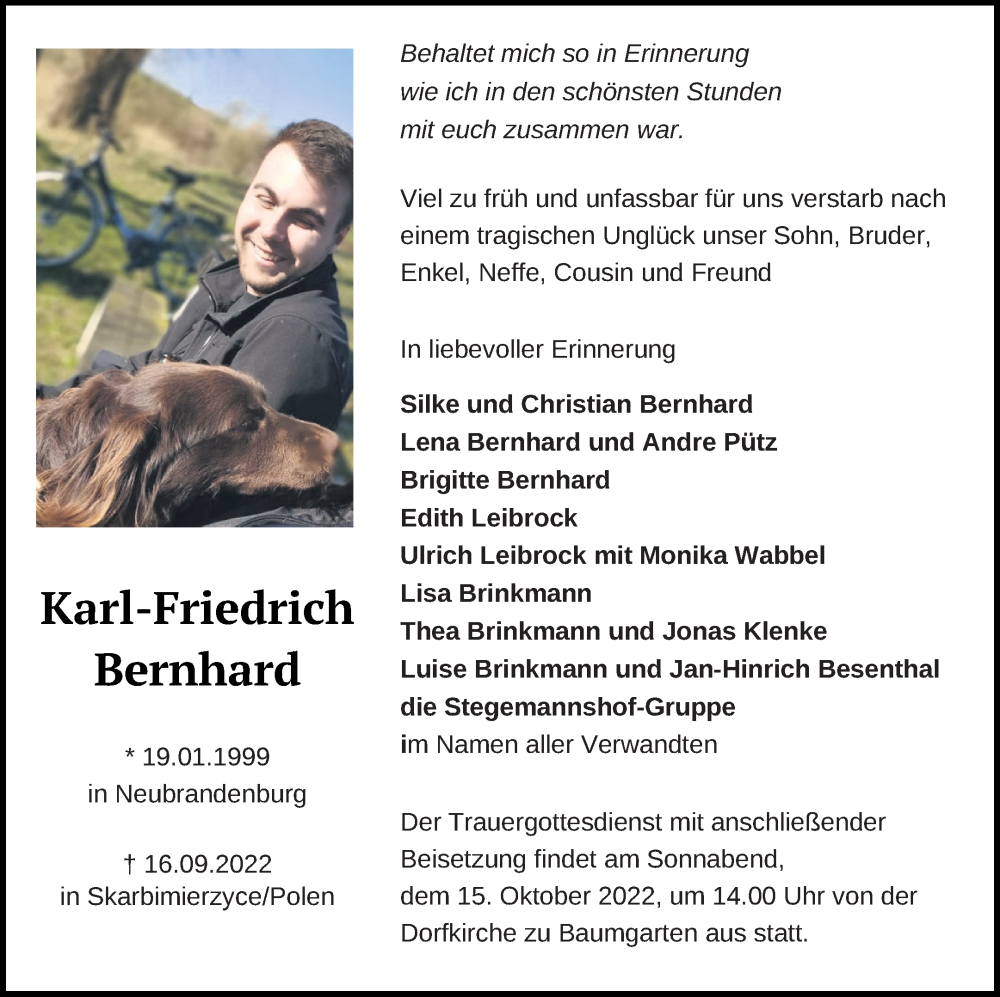  Traueranzeige für Karl-Friedrich Bernhard vom 11.10.2022 aus Prenzlauer Zeitung