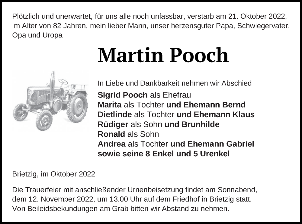  Traueranzeige für Martin Pooch vom 28.10.2022 aus Pasewalker Zeitung