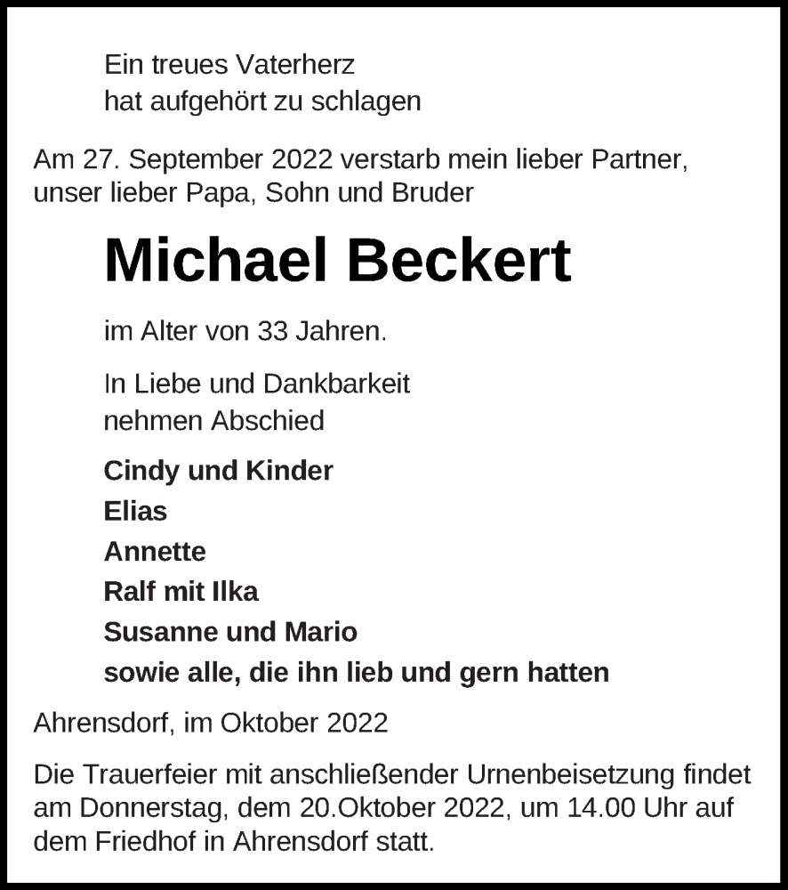  Traueranzeige für Michael Beckert vom 11.10.2022 aus Prenzlauer Zeitung