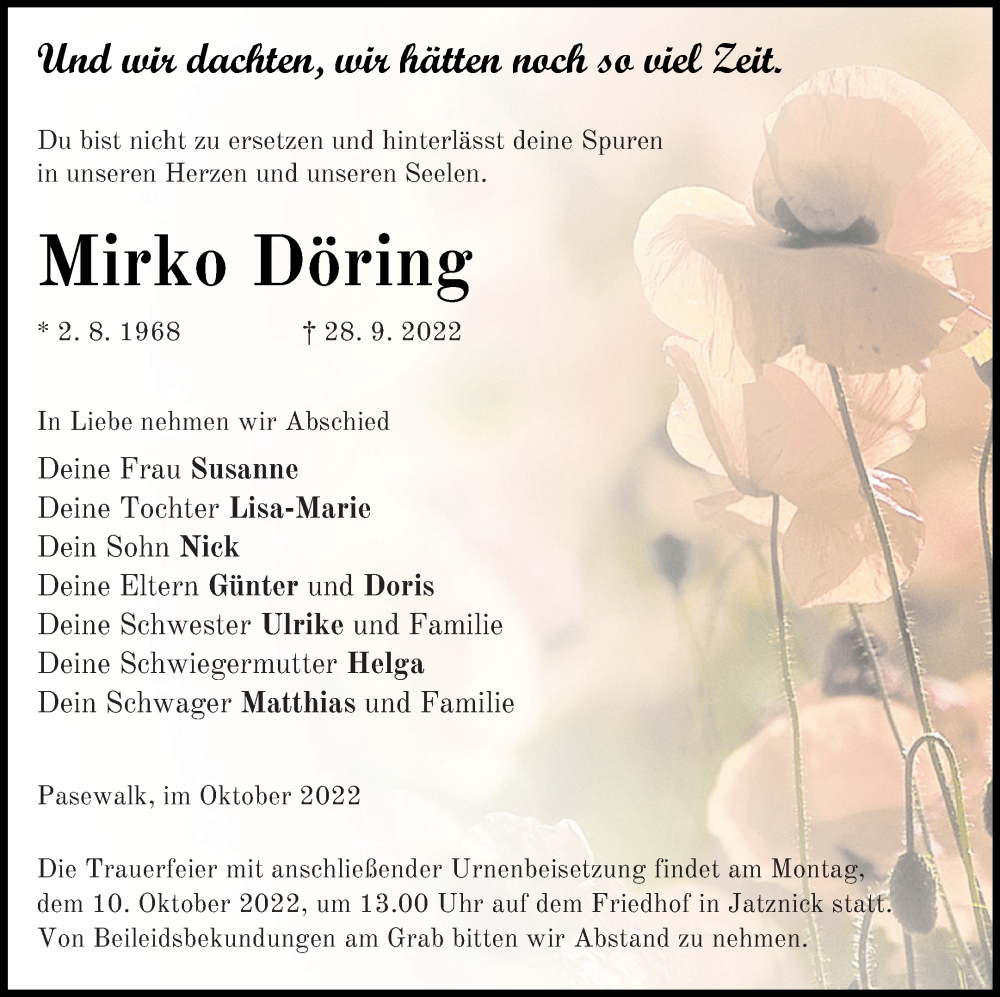  Traueranzeige für Mirko Döring vom 06.10.2022 aus Pasewalker Zeitung