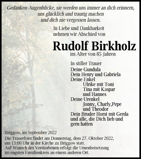 Traueranzeige von Rudolf Birkholz von Mecklenburger Schweiz