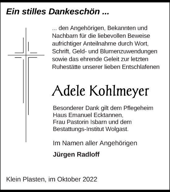 Traueranzeigen Von Adele Kohlmeyer Trauer Nordkurier