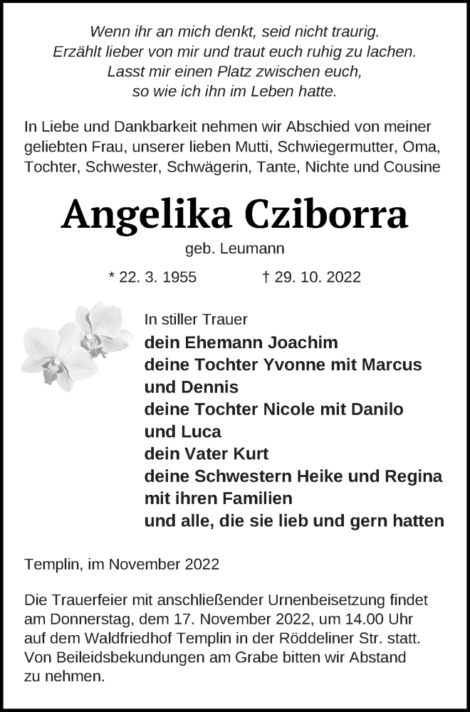  Traueranzeige für Angelika Cziborra vom 04.11.2022 aus Templiner Zeitung