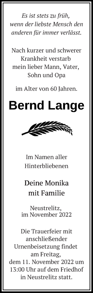 Traueranzeigen Von Bernd Lange Trauer Nordkurier