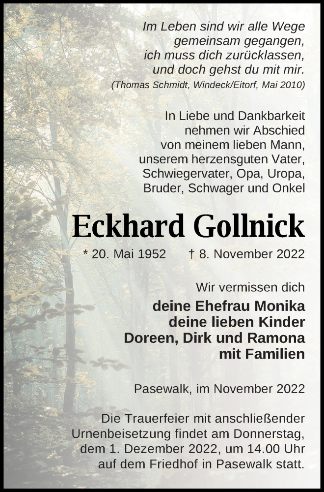  Traueranzeige für Eckhard Gollnick vom 12.11.2022 aus Pasewalker Zeitung