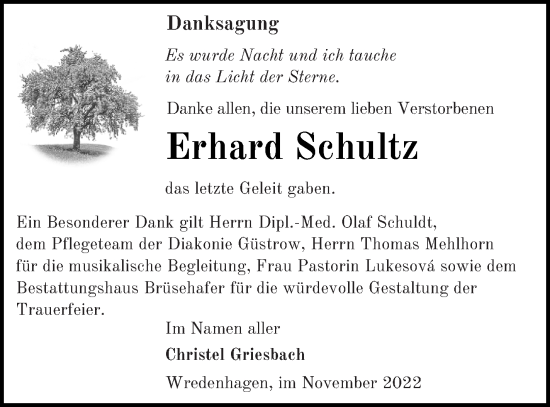 Traueranzeige von Erhard Schultz von Müritz-Zeitung