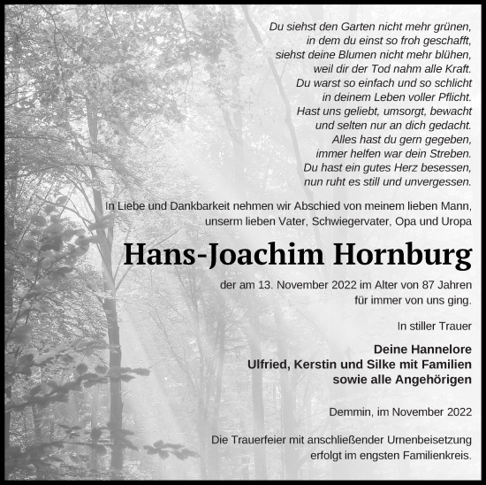 Traueranzeigen Von Hans Joachim Hornburg Trauer Nordkurier