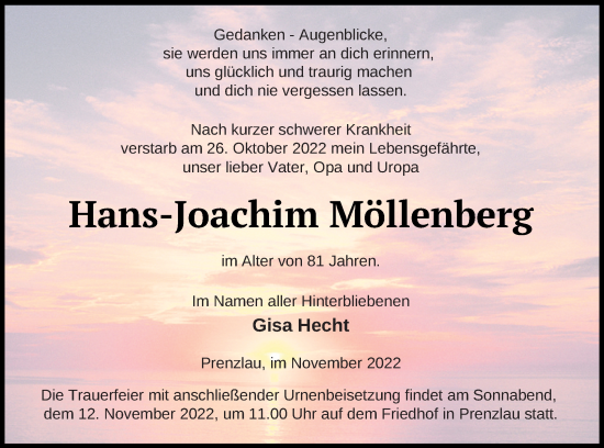 Traueranzeigen von Hans Joachim Möllenberg Trauer Nordkurier