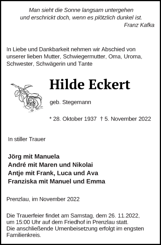 Traueranzeigen Von Hilde Eckert Trauer Nordkurier