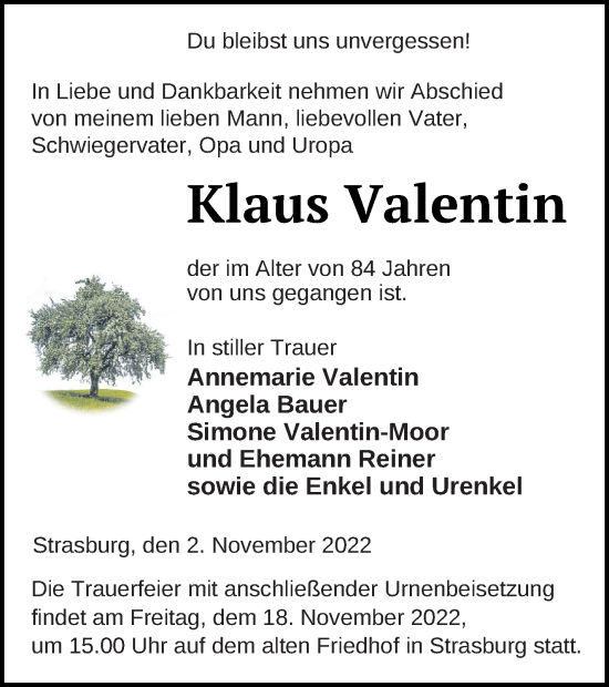 Traueranzeigen Von Klaus Valentin Trauer Nordkurier